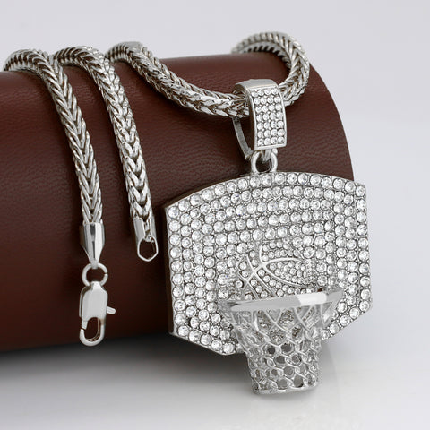 Dunk Basketball Iced out Pendant Silver Plated Franco Chain 4mm 20"