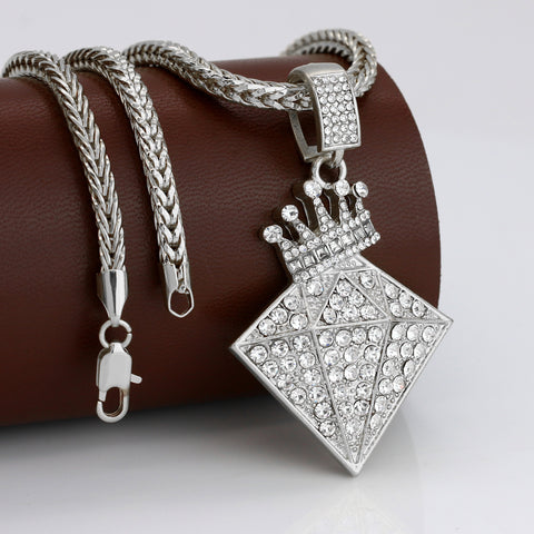 Diamond Crowned Iced out Pendant Silver Plated Franco Chain 4mm 20"