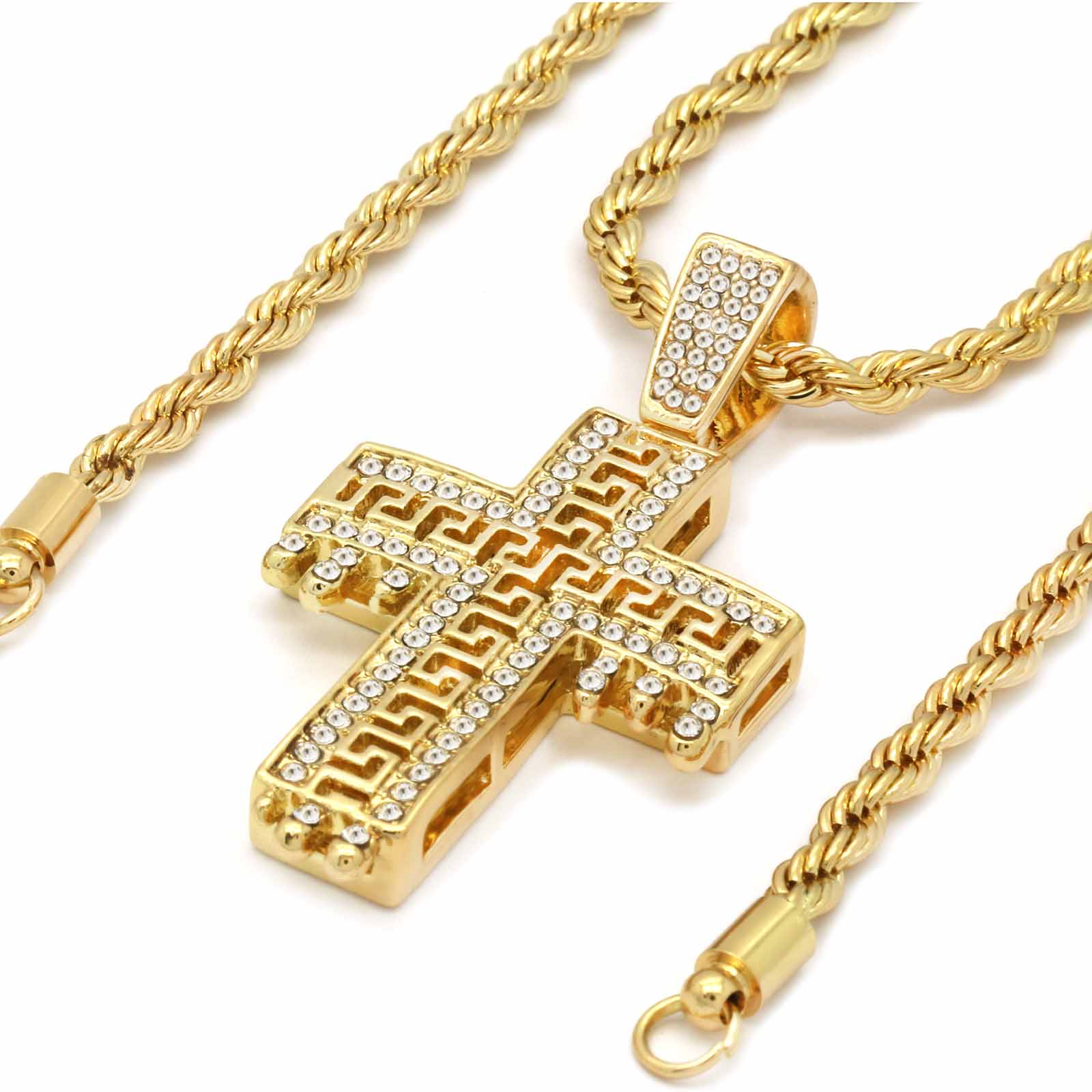DRIP DESIGN CROSS PENDANT WITH GOLD ROPE CHAIN