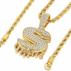 DRIP DOLLAR SIGN PENDANT WITH GOLD ROPE CHAIN