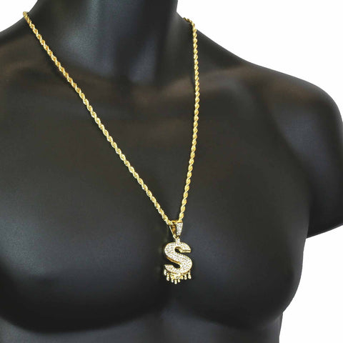 DRIP DOLLAR SIGN PENDANT WITH GOLD ROPE CHAIN