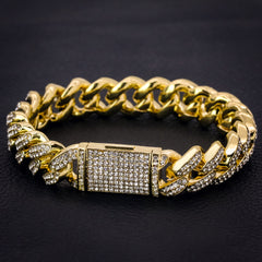 Thick Cuban Bracelet Link Fully Iced 14k Gold Plated 9"