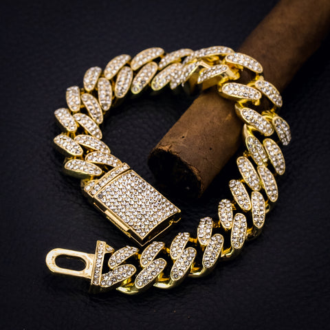 Thick Cuban Bracelet Link Fully Iced 14k Gold Plated 9"