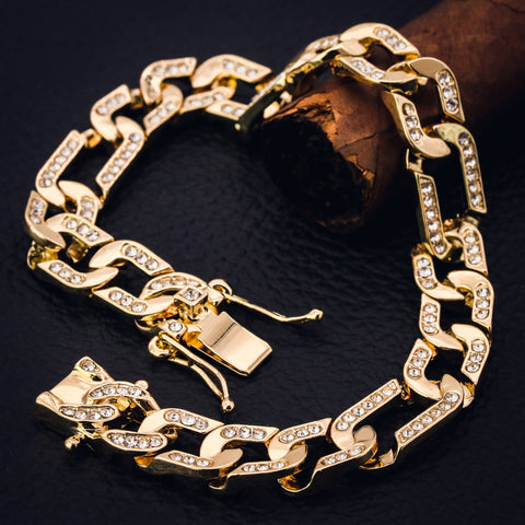 Figaro Bracelet Link Fully Iced 14k Gold Plated 9" Box Clasp
