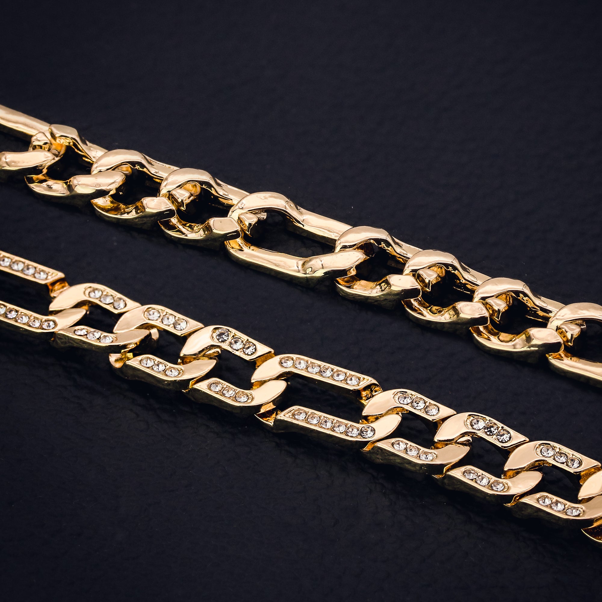Figaro Bracelet Link Fully Iced 14k Gold Plated 9" Box Clasp