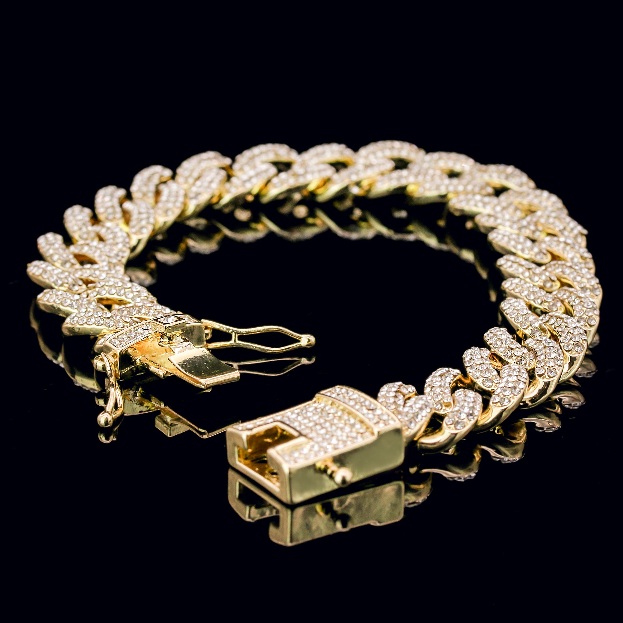 Thick Cuban Bracelet Link Fully Iced 14k Gold Plated 9" Box Clasp