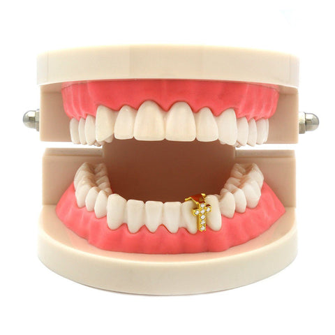 GOLD GRILLZ SINGLE TOOTH CZ CROSS