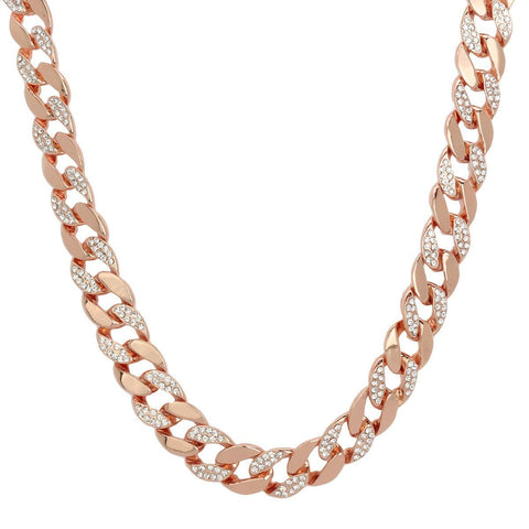 Rose Gold Plated Cuban Half Cz Chain Necklace 15mm 30" Inches