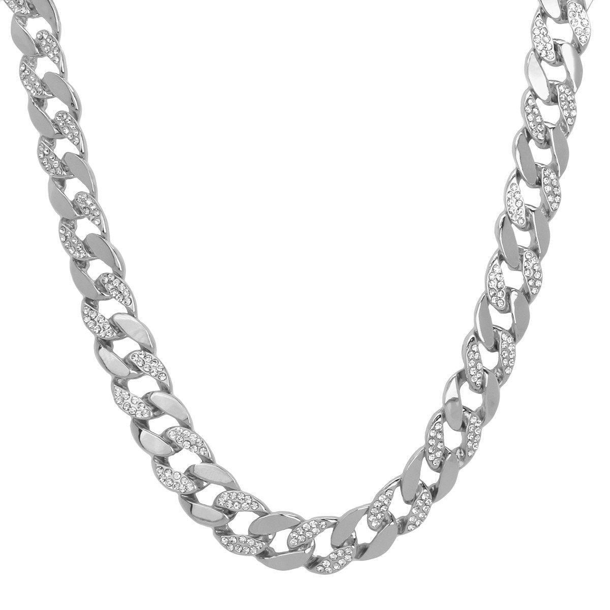 Silver Plated Cuban Half Cz Chain Necklace 15mm 30" Inches