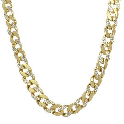 Gold Plated Cuban Half Cz Chain Necklace 15mm 30" Inches