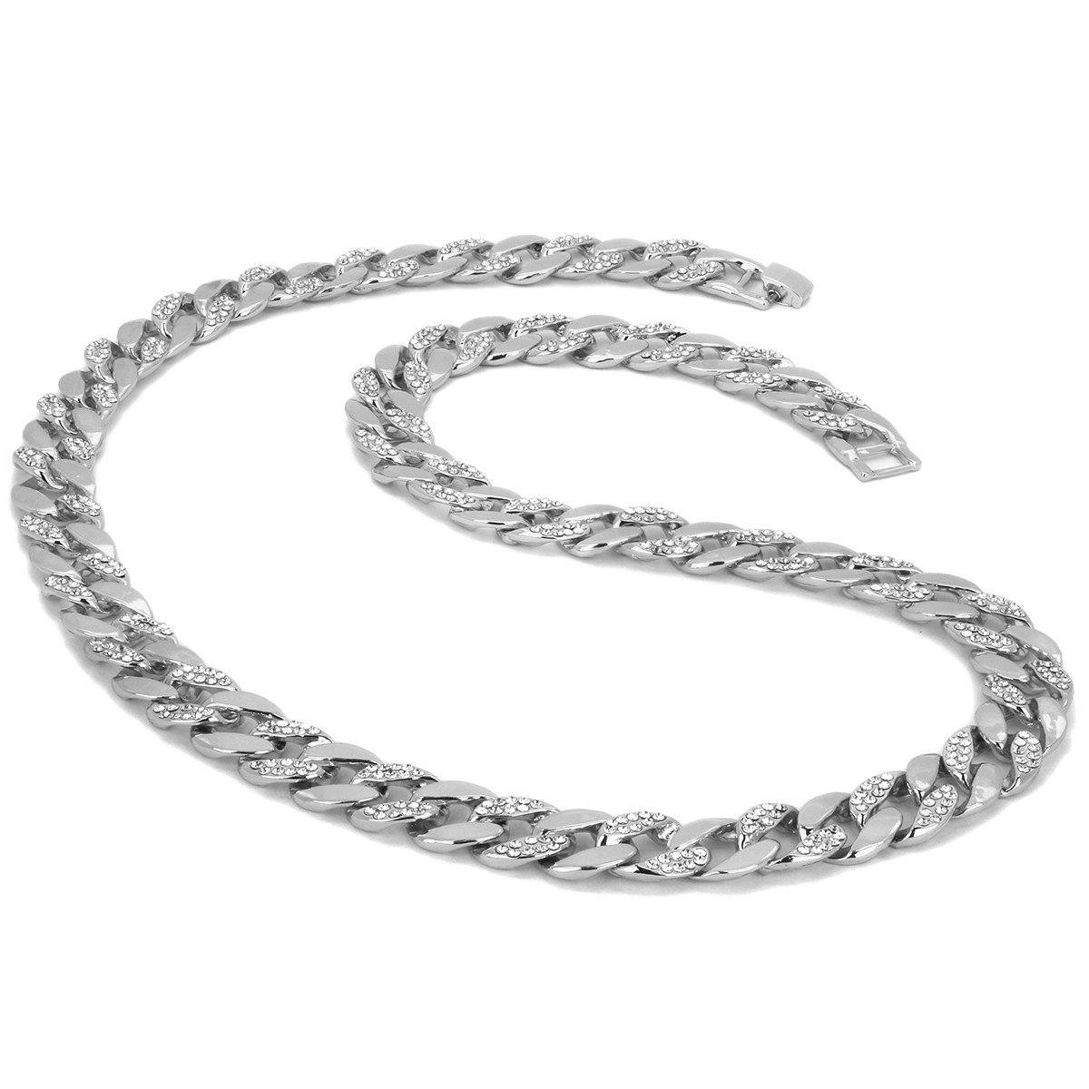 Silver Plated Cuban Half Cz Chain Necklace 15mm 30" Inches