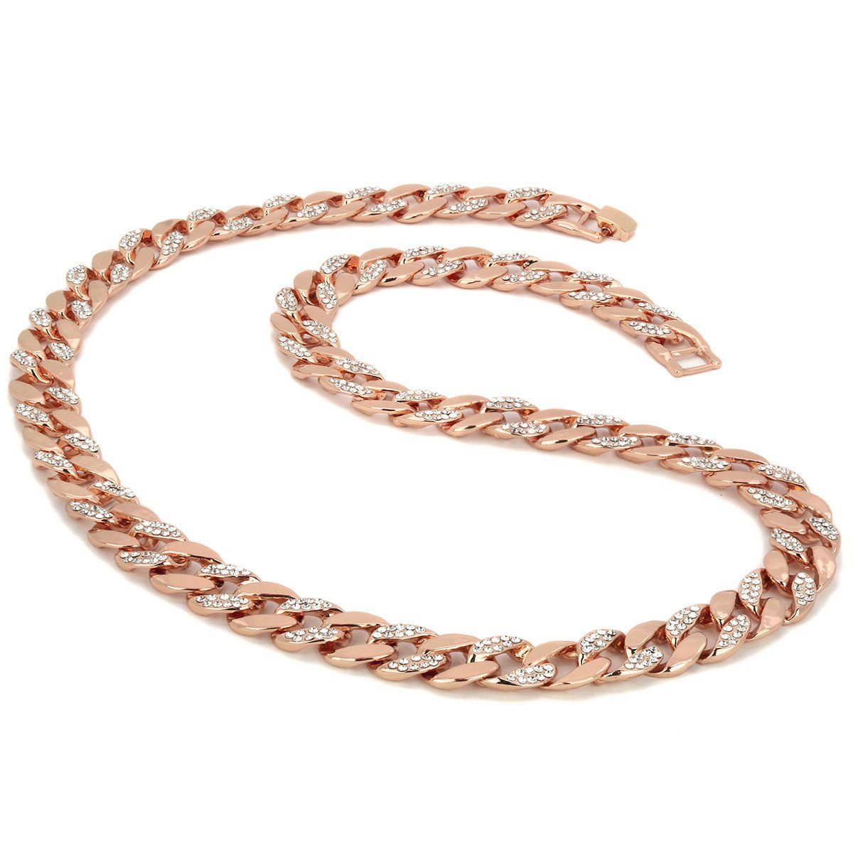 Rose Gold Plated Cuban Half Cz Chain Necklace 15mm 30" Inches