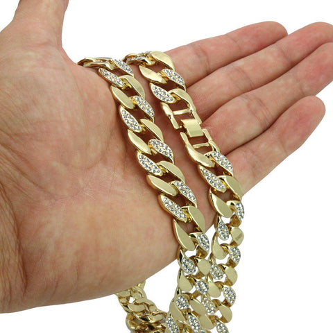 Gold Plated Cuban Half Cz Chain Necklace 15mm 30" Inches