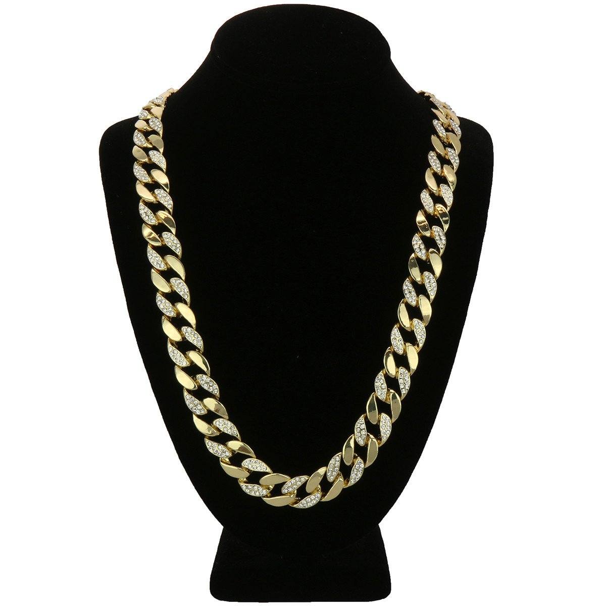 Gold Plated Cuban Half Cz Chain Necklace 15mm 30" Inches