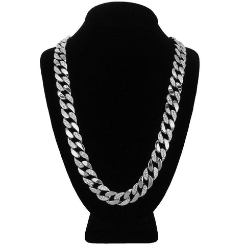 Silver Plated Cuban Half Cz Chain Necklace 15mm 30" Inches