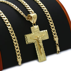 14K GOLD PLATED LARGE ETCHED CROSS PENDANT/CHAIN