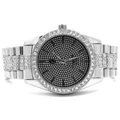 White Gold Plated Metal Fully Iced Out Techno Rolex Style Watch Techno Pave