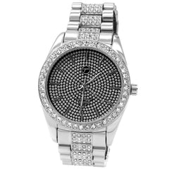 White Gold Plated Metal Fully Iced Out Techno Rolex Style Watch Techno Pave