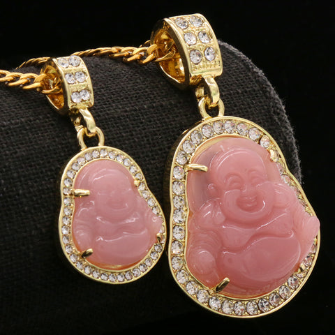 4pcs L Pink Buddha Pendants 3mm 24 x 30" Gold SST Cuban Chain