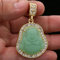 4pcs L Green Buddha Pendants 3mm 24 x 30" Gold SST Cuban Chain
