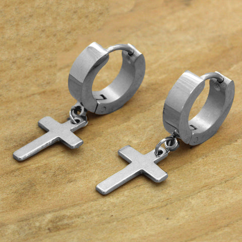 Copy of Plain Dangle Cross Huggie Hoop SILVER FILLED EARRINGS