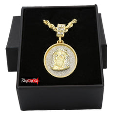 OVAL COIN JESUS PENDANT WITH GOLD ROPE CHAIN