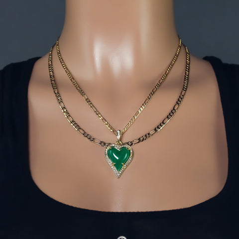 Exquisite Iced Green Jade Heart Shape 14k Gold PT Pendant 18"20" Figaro Chains