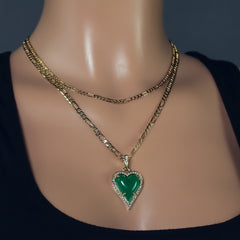 Exquisite Iced Green Jade Heart Shape 14k Gold PT Pendant 18"20" Figaro Chains