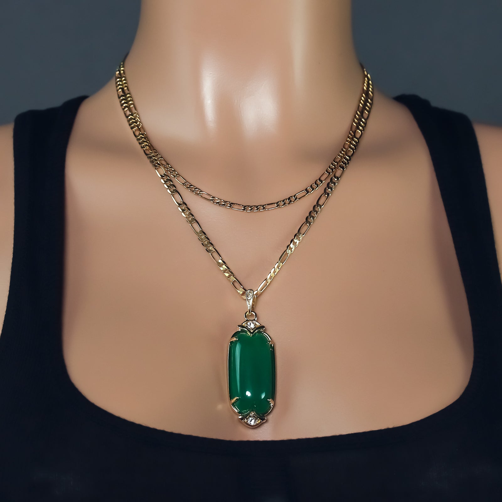 Exquisite Iced Green Jade Long Oval Shape 14k Gold PT Pendant 18"20" Figaro Chains