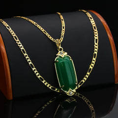 Exquisite Iced Green Jade Long Oval Shape 14k Gold PT Pendant 18"20" Figaro Chains
