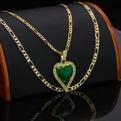 Exquisite Iced Green Jade Heart Shape 14k Gold PT Pendant 18"20" Figaro Chains