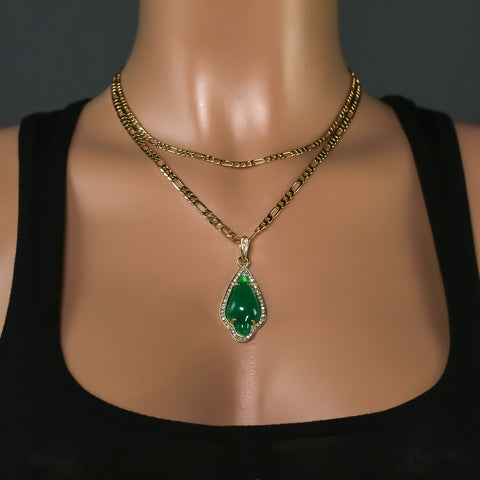 Exquisite Iced Green Jade Arrowl Shape 14k Gold PT Pendant 18"20" Figaro Chains