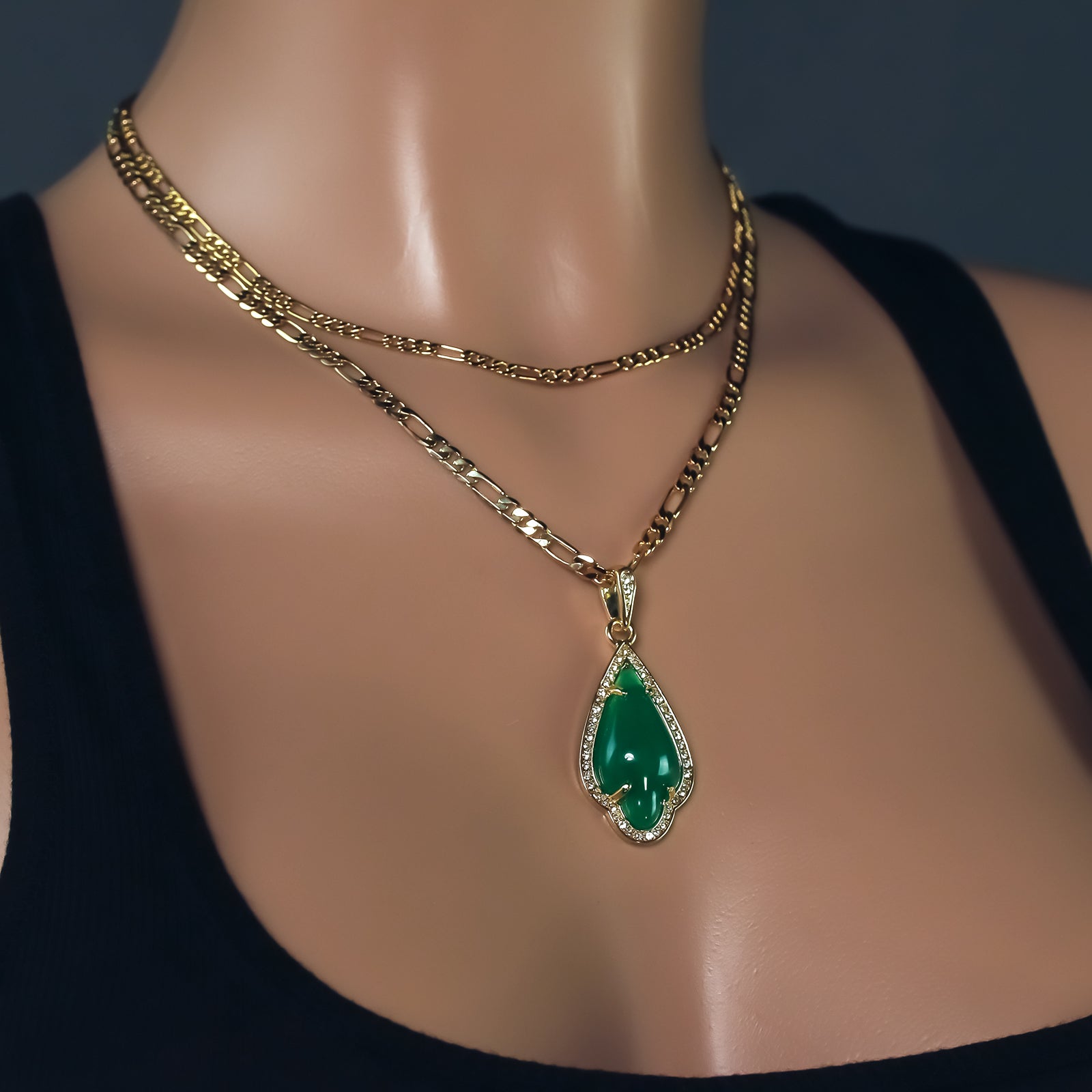 Exquisite Iced Green Jade Arrowl Shape 14k Gold PT Pendant 18"20" Figaro Chains