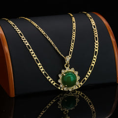 Copy of Exquisite Iced Green Jade Round Shape 14k Gold PT Pendant 18"20" Figaro Chains