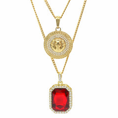 RED RUBY AND LION DOUBLE  PENDANT WITH CUBAN CHAIN