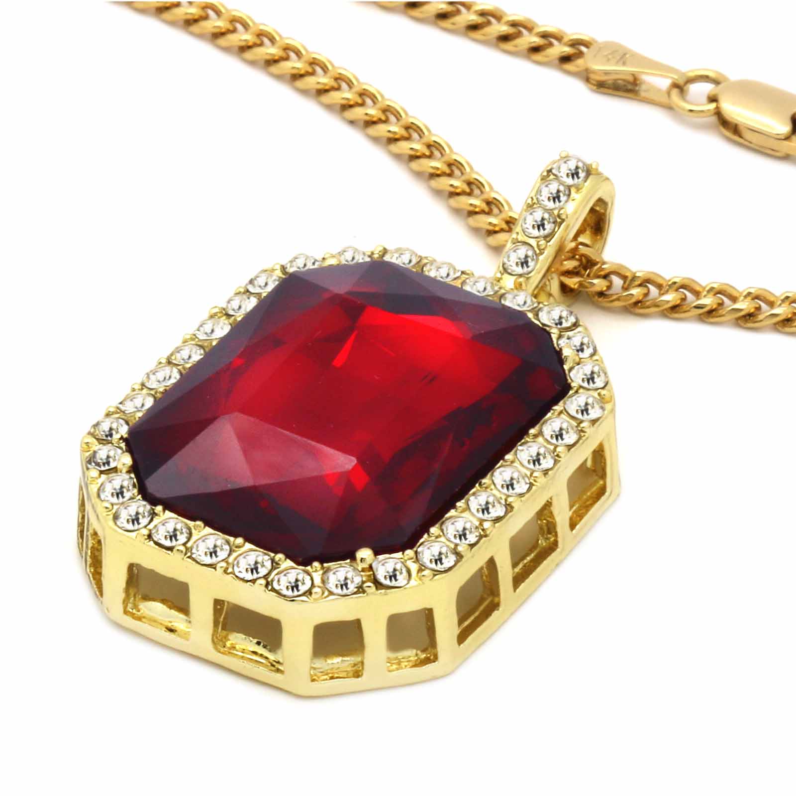 RED RUBY AND LION DOUBLE  PENDANT WITH CUBAN CHAIN