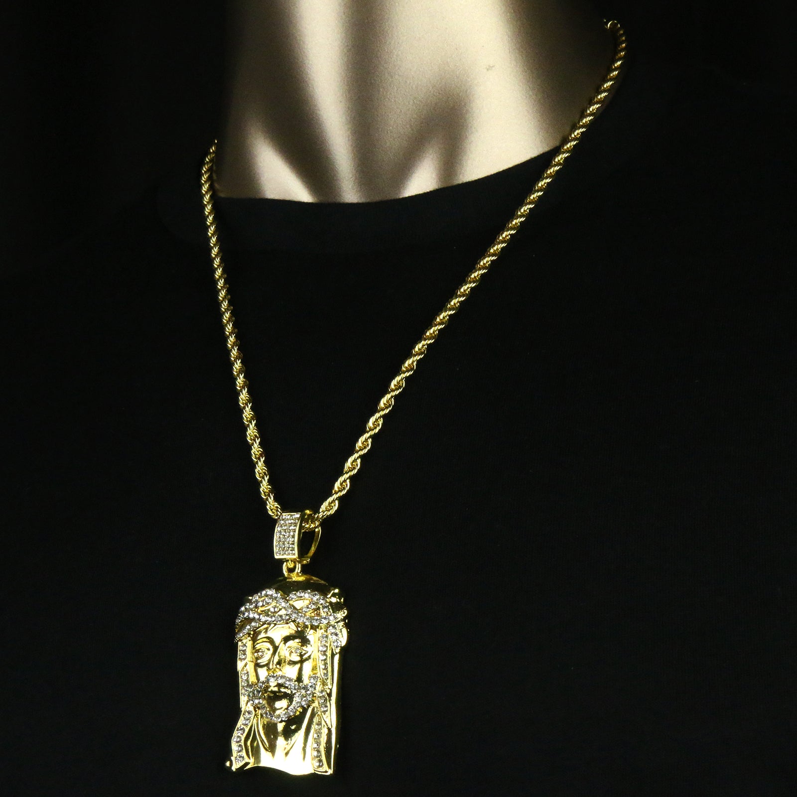 Cz Crown Jesus Face Pendant 24"Inch 4mm Rope Chain
