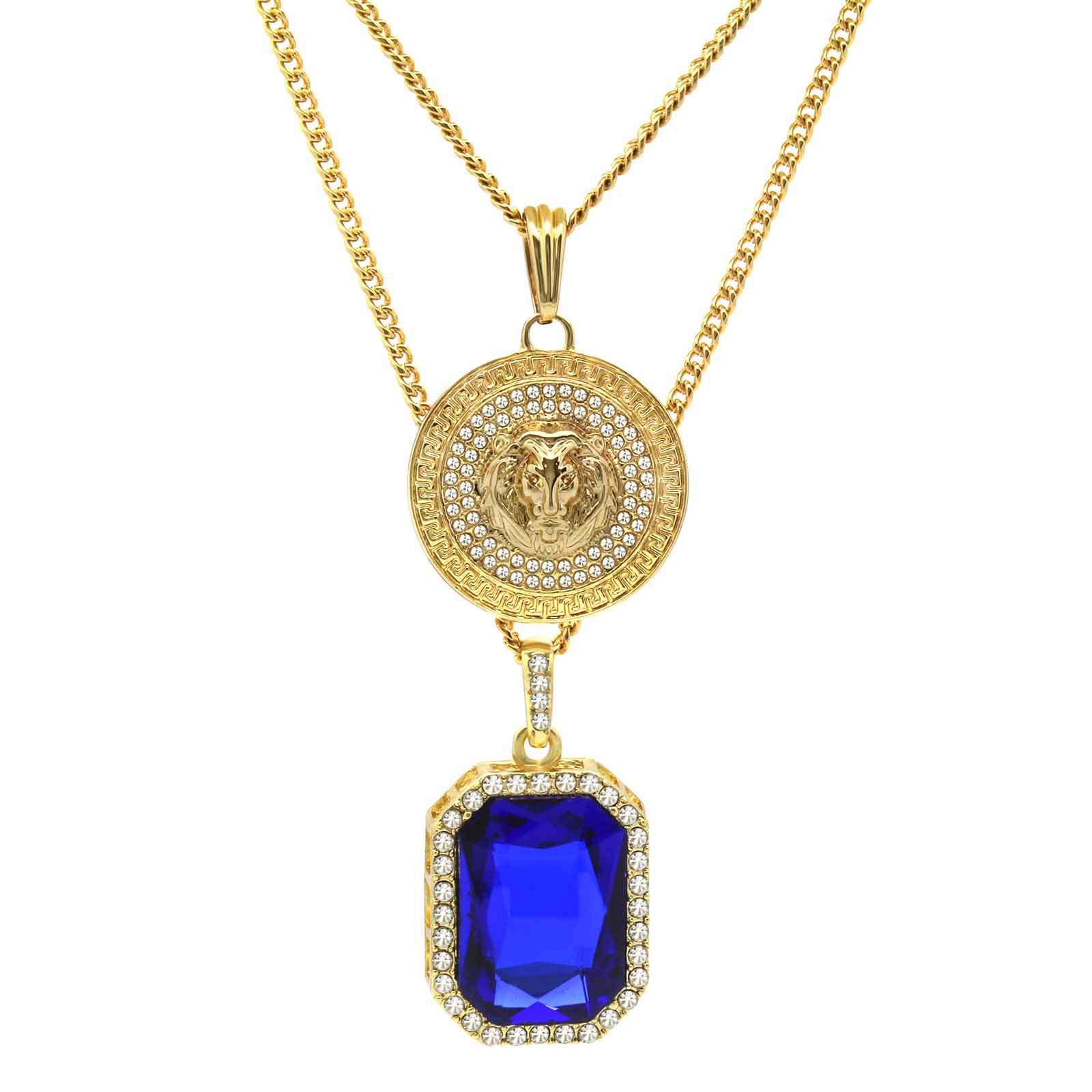 BLUE SAPPHIRE AND LION DOUBLE  PENDANT WITH CUBAN CHAIN