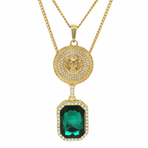 GREEN EMERALD AND LION DOUBLE  PENDANT WITH CUBAN CHAIN