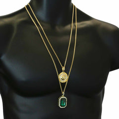 GREEN EMERALD AND LION DOUBLE  PENDANT WITH CUBAN CHAIN