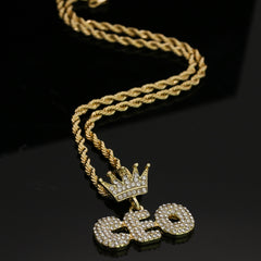 14k Gold Plated Hip-Hop Cz Crown CEO Pendant 20" Choker Rope Chain Necklace