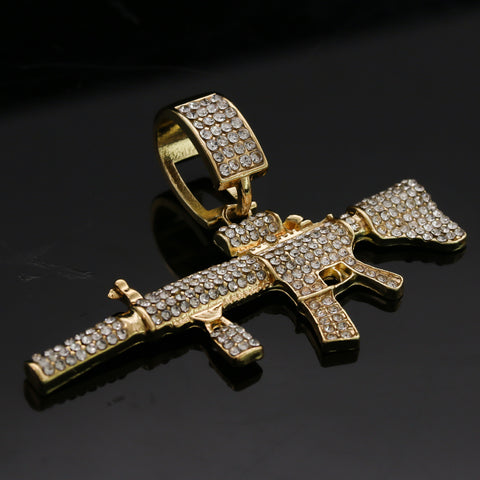 14k Gold Plated Hip-Hop Cz AR-15 Pendant 20" Choker Rope Chain Necklace