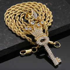 Cz Crown Key Pendant 24"Inch 4mm Rope Chain