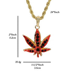 Red Marijuana Pendant 24" Rope Chain Hip Hop 18k Jewelry Necklace