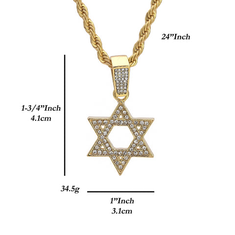 Star Of David Charm Pendant 24" Rope Chain Hip Hop 18k Jewelry Necklace