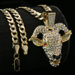 Fully Iced GOAT Head Red Eye 14k Gold PT Pendant 6mm 24" inches Cuban Chain