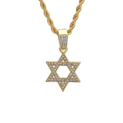 Star Of David Charm Pendant 24" Rope Chain Hip Hop 18k Jewelry Necklace