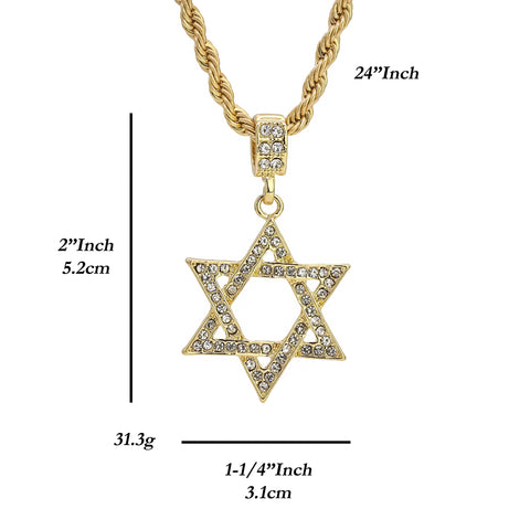 Star Of David Pendant 24" Rope Chain Hip Hop 18k Jewelry Necklace J1