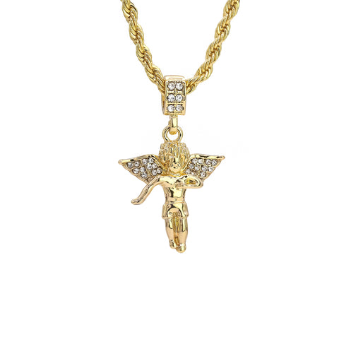 Angel Pendant 24" Rope Chain Hip Hop 18k Jewelry Necklace J1