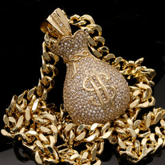 Men's Gold Plated Hip-Hop XL Fully Cz Money Bag Cuban 10mm 30 & Bracelet 3pc Set